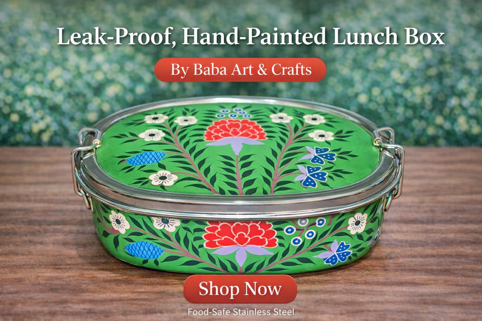 Single tier oval hand-painted stainless steel lunch box from Kashmir, leak-proof and lead-free enamelware handicraftLeak-Proof Kashmiri Enamelware
